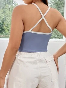 Flirla Hơn Tương phản ràng buộc Cami ngọn - Màu xanh bụi bặm - Xem 2