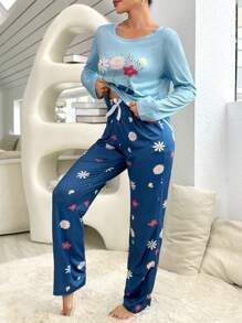 Floral & Letter Graphic Bow Front PJ Set / Pajama Set, Fall Winter Clothes - Multicolor - View 4