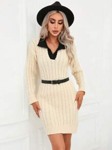 SHEIN Privé Viền tương phản Xoắn Dan Thả vai Đầm Áo len Không có thắt lưng - Màu be - Xem 4