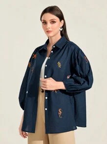 Seusyu 海星&貝殼圖案燈籠袖襯衫 - 藏蓝色 - 查看 4