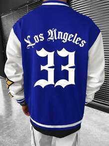 Manfinity EMRG Men's Loose Fit Drop Shoulder Varsity Jacket Without Hoodie, Featuring Letter Graphic And Striped Trim - Blue and White - View 1