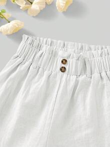 SHEIN Tween Girl Paperbag Waist Button Detail Shorts - White - View 4