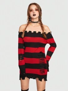 ROMWE Grunge Punk 條紋圖案一字肩破洞毛衣 - 彩色 - 查看 3