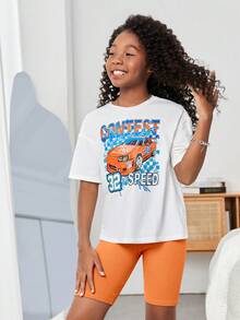 SHEIN Tween Girl Car & Letter Graphic Drop Shoulder Tee & Biker Shorts - Orange - View 5