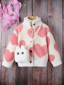 SHEIN 女小童1入組愛心圖案毛絨夾克&包 - 杏色 - 查看 3