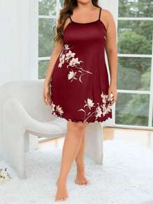 Plus Floral Print Lettuce Trim Cami Pajama Nightdress - Burgundy - View 6
