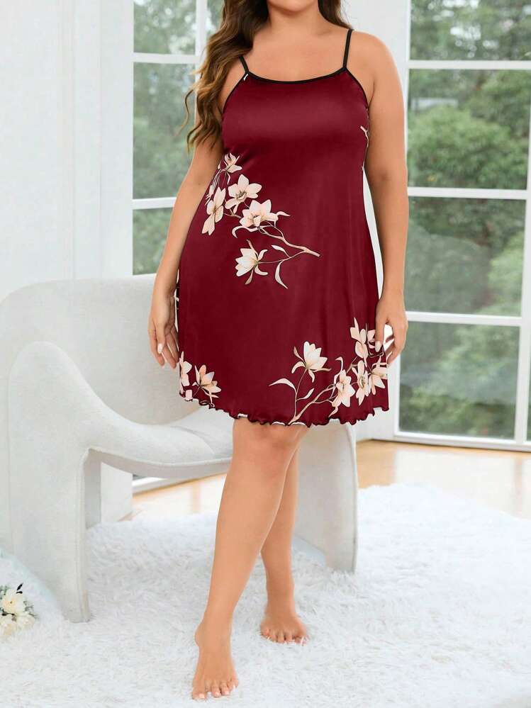 Plus Floral Print Lettuce Trim Cami Pajama Nightdress - Burgundy - View 6