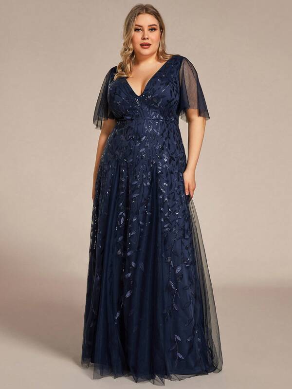 EVER-PRETTY Elegante Abendrobe mit Volantärmeln und Pailletten in Große Größen, für Abschlussball, Abendessen, Hochzeitsgäste, Abendkleid
