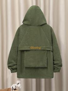 SHEIN Tween Boy 1pc Letter Embroidery Raglan Sleeve Hooded Thermal Lined Coat - Army Green - View 4