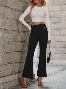 SHEIN Essnce Button Detail Flare Leg Pants - Black - View 5