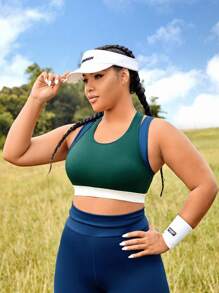 Easithlete Plus Colorblock Racer Back Sports Bra,Women Tennis Outfit - Dark Green - View 3