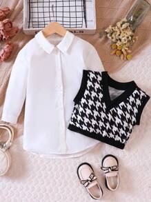 SHEIN 女小童千鳥格印花背心上衣&襯衫洋裝 - 黑與白 - 查看 4