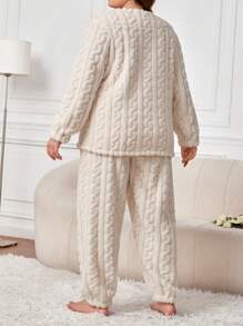 Plus Bow Front Flannel PJ Set / Pajama Set - Màu be - Xem 2