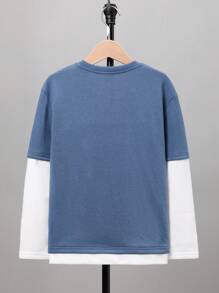 SHEIN 青少年男孩休閒針織圓領拼接長袖T恤，帶字母拼貼，2件套裝