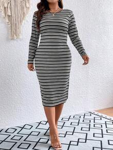 SHEIN Clasi Plus Striped Print Split Thigh Dress - Black and White - View 6