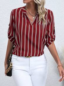 SHEIN Clasi Striped Print Roll Tab Sleeve Blouse - Red - View 4