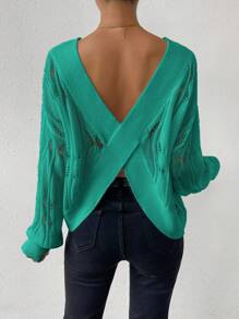 SHEIN Essnce Solid Drop Shoulder Pointelle Knit Sweater - Green - View 2