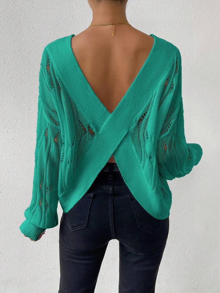 SHEIN Essnce חלק כתף חשופה סריג צמר סוודרים - ירוק - ראה 2