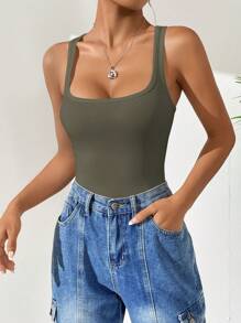 Muchica 素色方領背心連體衣 - 墨綠色 - 查看 1