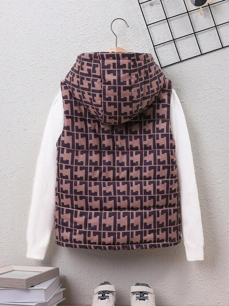 Tween Boy 1pc Geo Print Zipper Hooded Vest Padded Coat