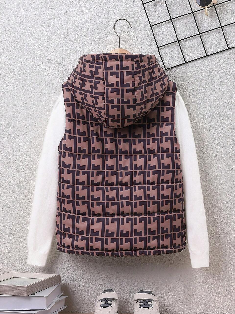 Tween Boy 1pc Geo Print Zipper Hooded Vest Padded Coat