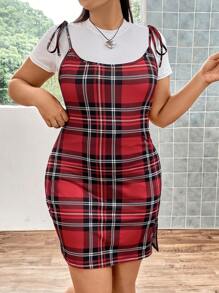 SHEIN ICON 大碼格紋印花肩上打結下擺開叉吊帶緊身洋裝不帶T恤 - 彩色 - 查看 5