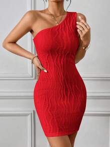 SHEIN Privé Đầm Textured màu trơn Gợi cảm - Đỏ - Xem 3