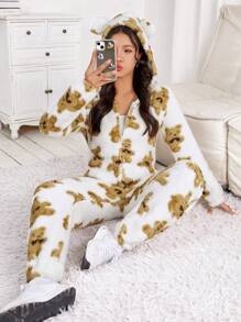 SHEIN EZwear Họa tiết gấu Thiết kế tai 3D áo có mũ Dây kéo mặt trước Flannel Áo liền quần - Nhiều màu - Xem 6