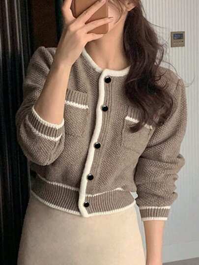 DAZY 女士休闲拼色装饰开衫，商务休闲，秋冬，长袖上衣，秋季女装夹克