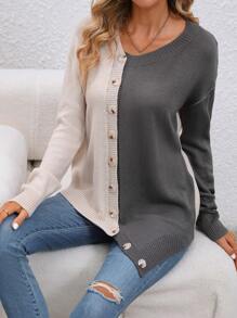 SHEIN LUNE Two Tone Button Front Asymmetrical Hem Cardigan - Multicolor - View 6