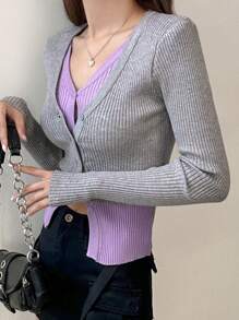 DAZY 拼色纽扣前开襟短款二合一开衫，秋季女装 - 灰色 - 查看 6