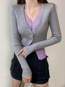 DAZY 拼色纽扣前开襟短款二合一开衫，秋季女装 - 灰色 - 查看 7