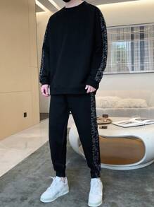 Men Paisley Print Drop Shoulder Sweatshirt & Sweatpants - Black - View 1