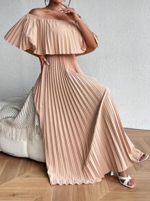 Chiquease Off Shoulder Pleated Dress - Apricot - View 5