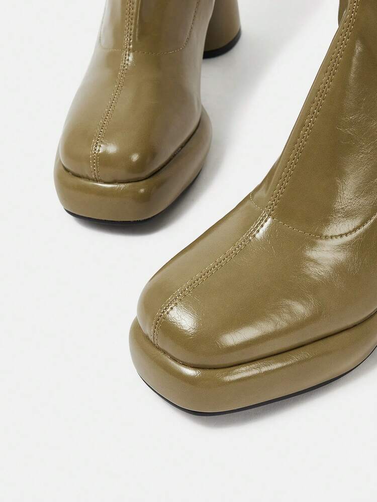 SheIn SXY נשים עיצוב פשוט עבה עקב מגפיים אופנתיות עם חלק אחורי רוכסן ו צבע אחיד - ירוק - ראה 4