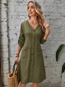 EMERY ROSE 捲邊袖前紐扣雙口袋洋裝 - 軍綠色 - 查看 3