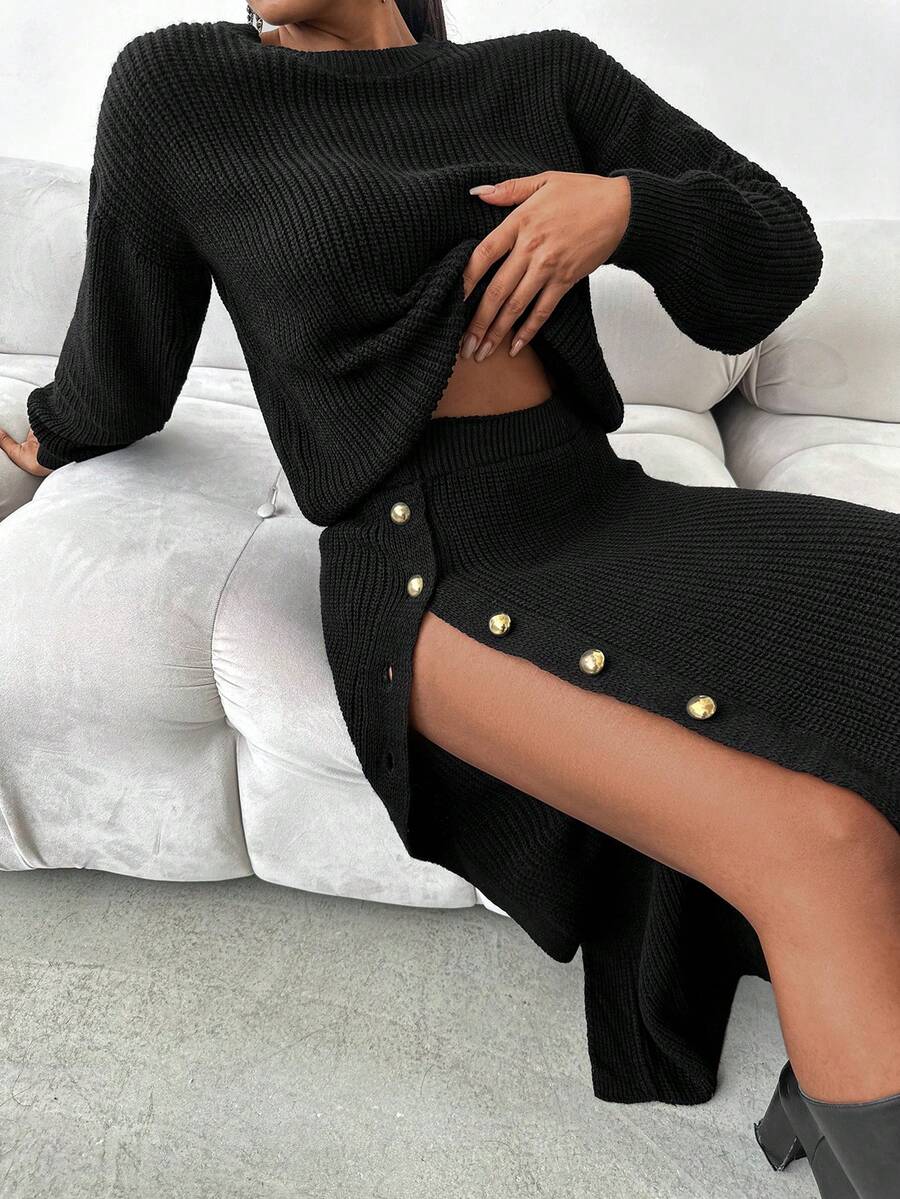 EURMUSE Drop Shoulder Sweater & Button Detail Knit Skirt - Black - View 1