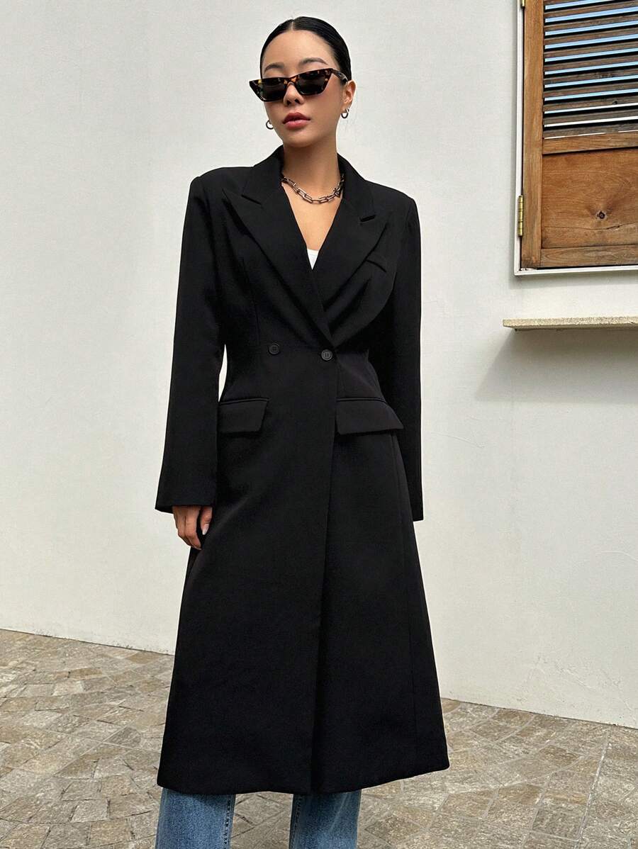 DAZY Lapel Neck Double Button Longline Blazer, Fall Women Clothes Business Attire - Black - View 1