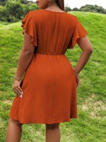 SHEIN Holidaya Hơn áo tay bướm Cổ áo Chồng chéo Đầm - trái cam - Xem 2
