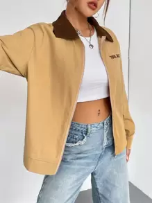 Flirla Letter Graphic Contrast Collar Drop Shoulder Zipper Front Coat Fall Cloth For Women - Khaki - View 6