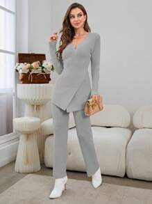 Mulvari Crossover Sweater & Knit Pants - Light Grey - View 1