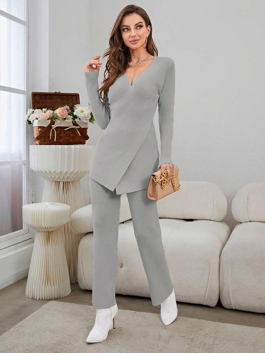 Mulvari Crossover Sweater & Knit Pants - Light Grey - View 1