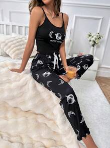 Moon Print Cami Top & Pants PJ Set / Pajama Set - Black - View 1