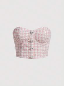 SHEIN MOD Plaid Print Button Front Pearl Buckle Valentine Day  Pink Tube Top - Multicolor - View 1