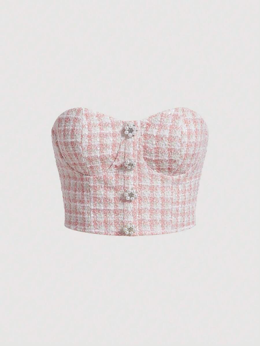 SHEIN MOD Plaid Print Button Front Pearl Buckle Valentine Day  Pink Tube Top - Multicolor - View 1