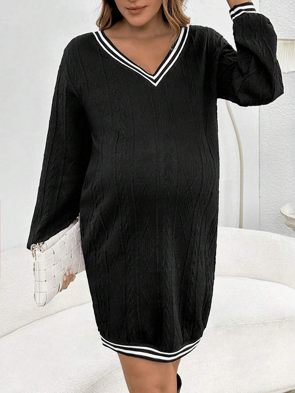 Maternity Striped Trim Lantern Sleeve Sweatshirt Dress, For Winter