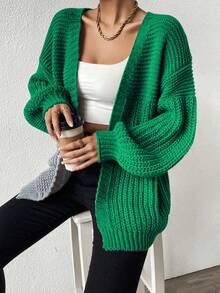 SHEIN Essnce 落肩休闲设计开衫 - 綠色 - 查看 8