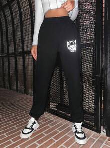 EURMUSE Reflective Skull Print Slant Pocket Sweatpants - Black - View 4