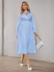 SHEIN BIZwear 條紋印花交疊領洋裝 - 藍白色 - 查看 1