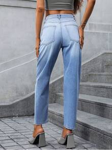 SHEIN Essnce 破洞直筒牛仔褲 - 中等水洗藍 - 查看 2